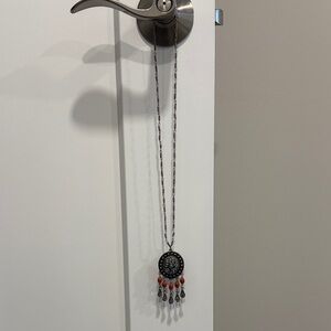 Boho Silver-Tone Pendant Necklace with Turquoise & Coral Beads